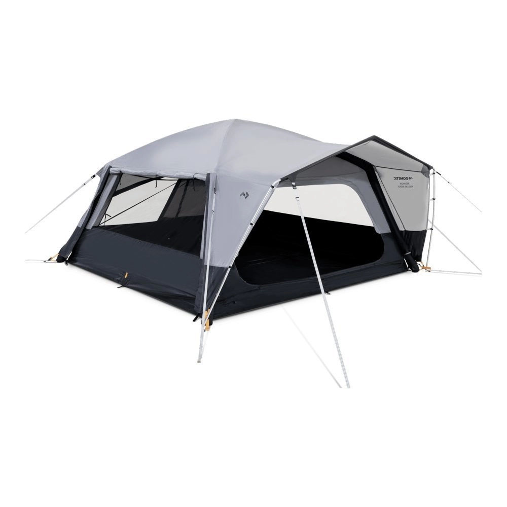 Dometic Reunion FTG 5X5 Redux inflatable air tent front view showing extended awning and guy lines for outdoor camping