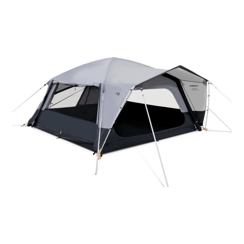 Dometic Reunion FTG 5X5 Redux inflatable air tent front view showing extended awning and guy lines for outdoor camping