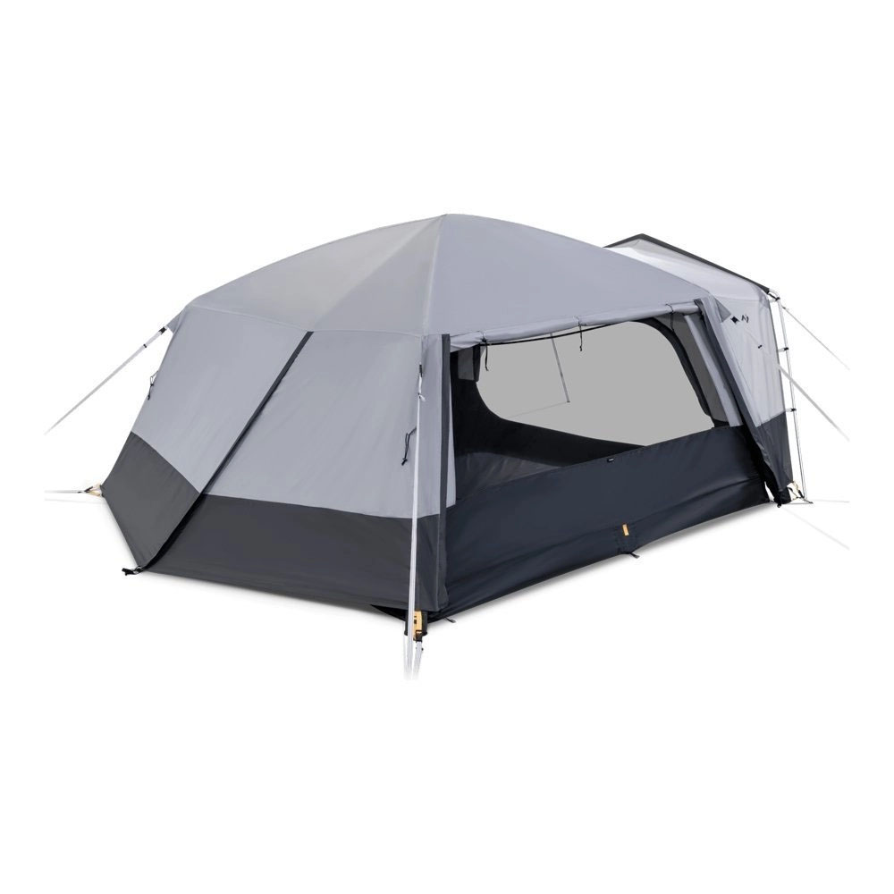 Dometic Reunion FTG 5X5 Redux inflatable air tent front view showing extended awning and guy lines for outdoor camping