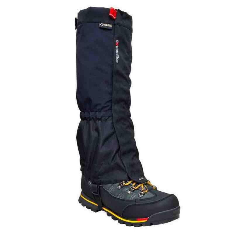 Black Extremities GORE-TEX Nova gaiters attached to mountaineering boots for waterproof hiking trekking and alpine outdoor protection
