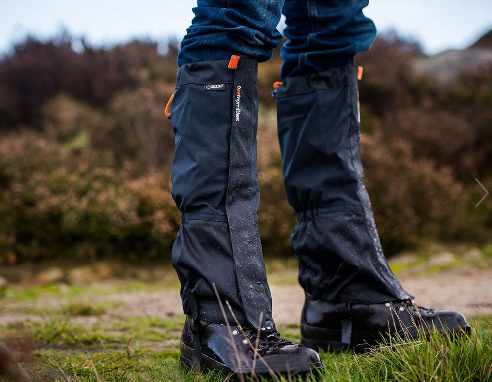 Black Extremities GORE-TEX Nova gaiters attached to mountaineering boots for waterproof hiking trekking and alpine outdoor protection