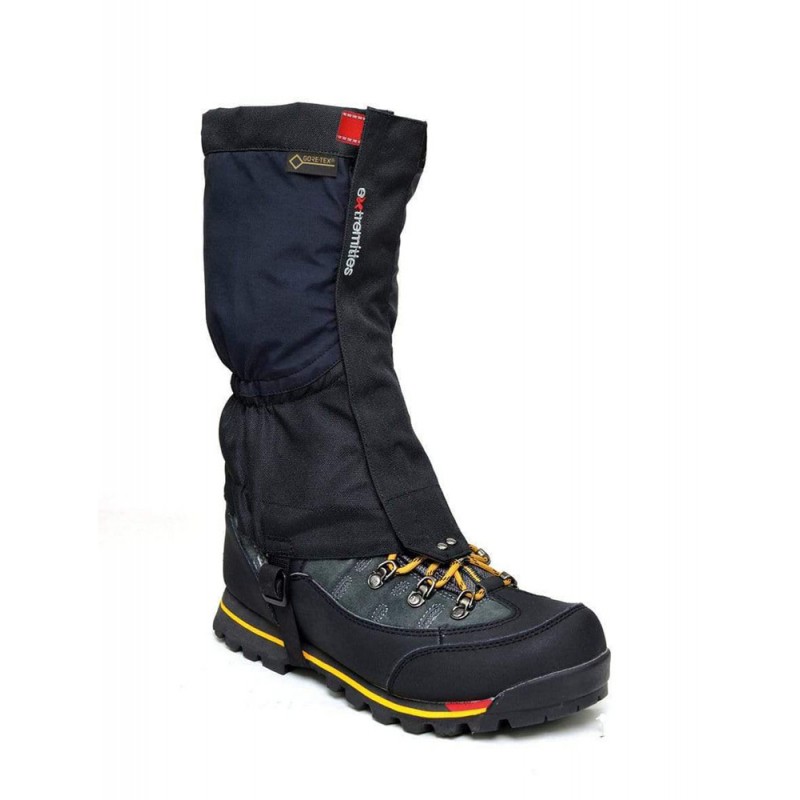 Black Extremities Tay ankle GORE-TEX gaiters attached to hiking boots for waterproof trail walking trekking and outdoor protection