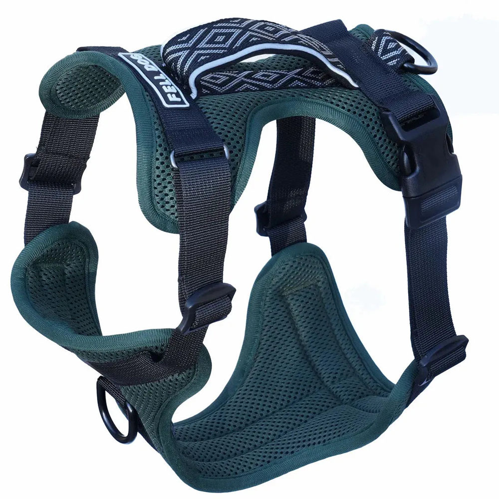 Helvellyn Adjustable Padded Dog Harness Helvellyn dog harness in dark green with breathable mesh padding, adjustable black straps, buckles, handle and leash attachment rings.
