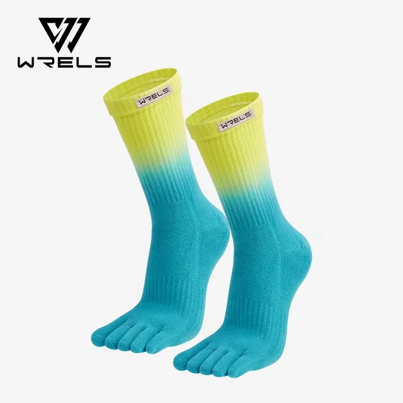 Colorful five-toe running socks with gradient pink-purple and blue-green designs, offering comfort, breathability, and blister prevention for sports and outdoor activities.