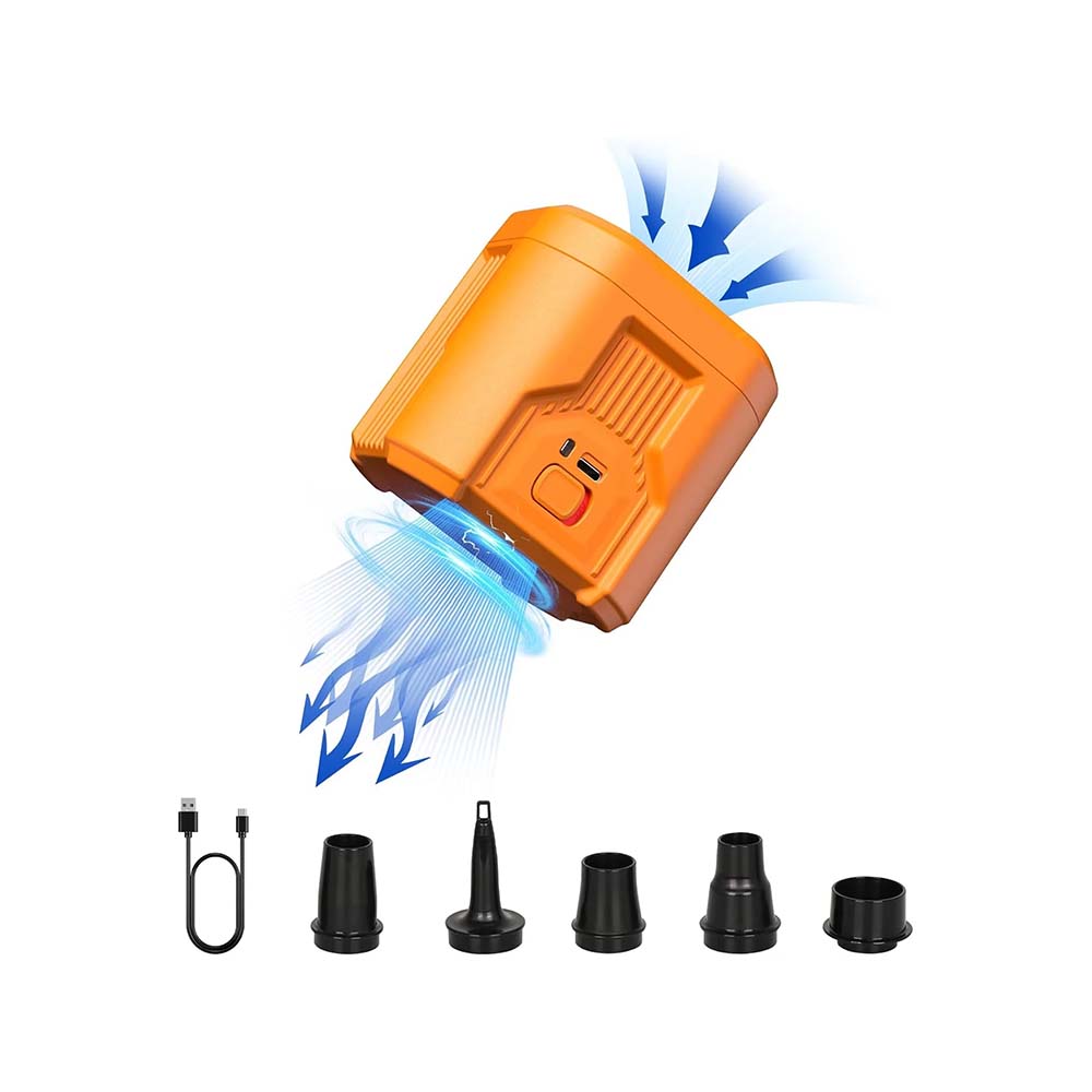 Orange FLEXTAIL EVO Pump 3 with airflow animation, USB cable, and five air nozzles.