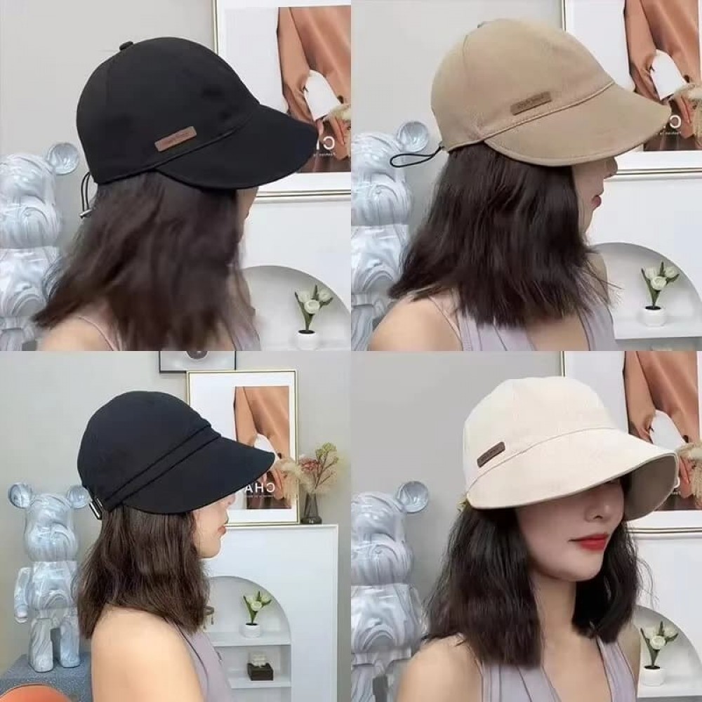 Four-panel image showing models wearing black, khaki, and white handmade summer bucket hats indoors.