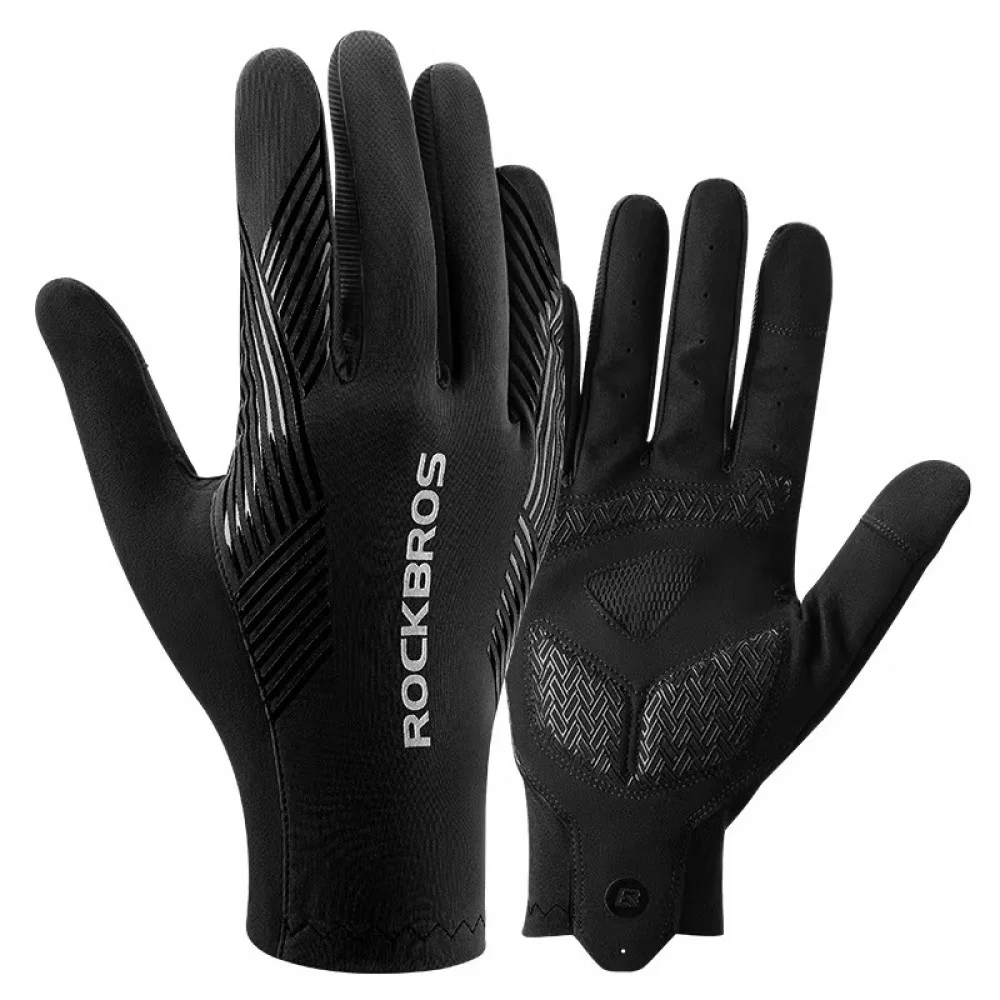ROCKBROS full finger cycling gloves designed for road cycling, mountain biking, commuting, and outdoor sports. Featuring touchscreen-compatible fingertips, anti-slip palm grip, breathable lightweight fabric, and ergonomic padding for enhanced comfort and 