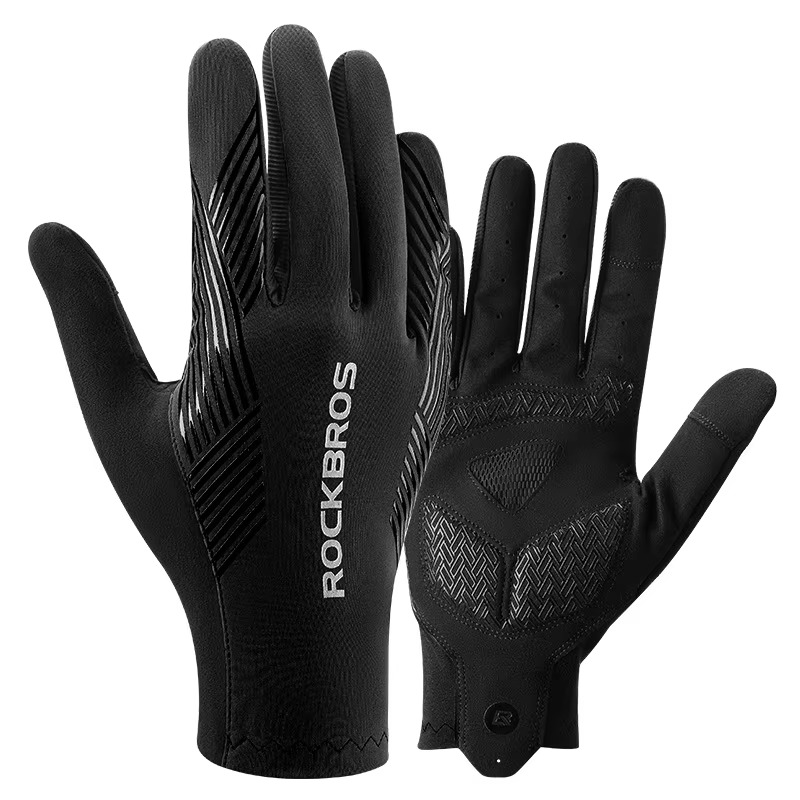 ROCKBROS full finger cycling gloves designed for road cycling, mountain biking, commuting, and outdoor sports. Featuring touchscreen-compatible fingertips, anti-slip palm grip, breathable lightweight fabric, and ergonomic padding for enhanced comfort and 