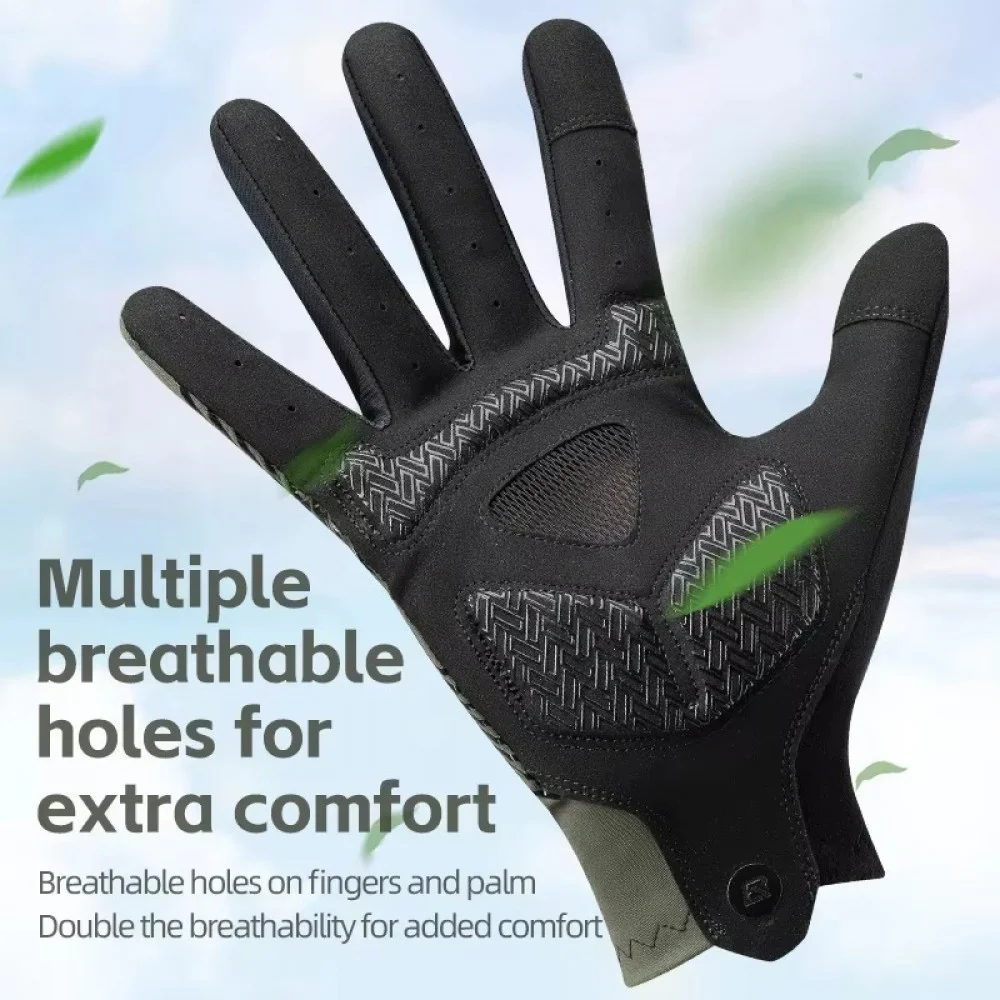 ROCKBROS full finger cycling gloves designed for road cycling, mountain biking, commuting, and outdoor sports. Featuring touchscreen-compatible fingertips, anti-slip palm grip, breathable lightweight fabric, and ergonomic padding for enhanced comfort and 