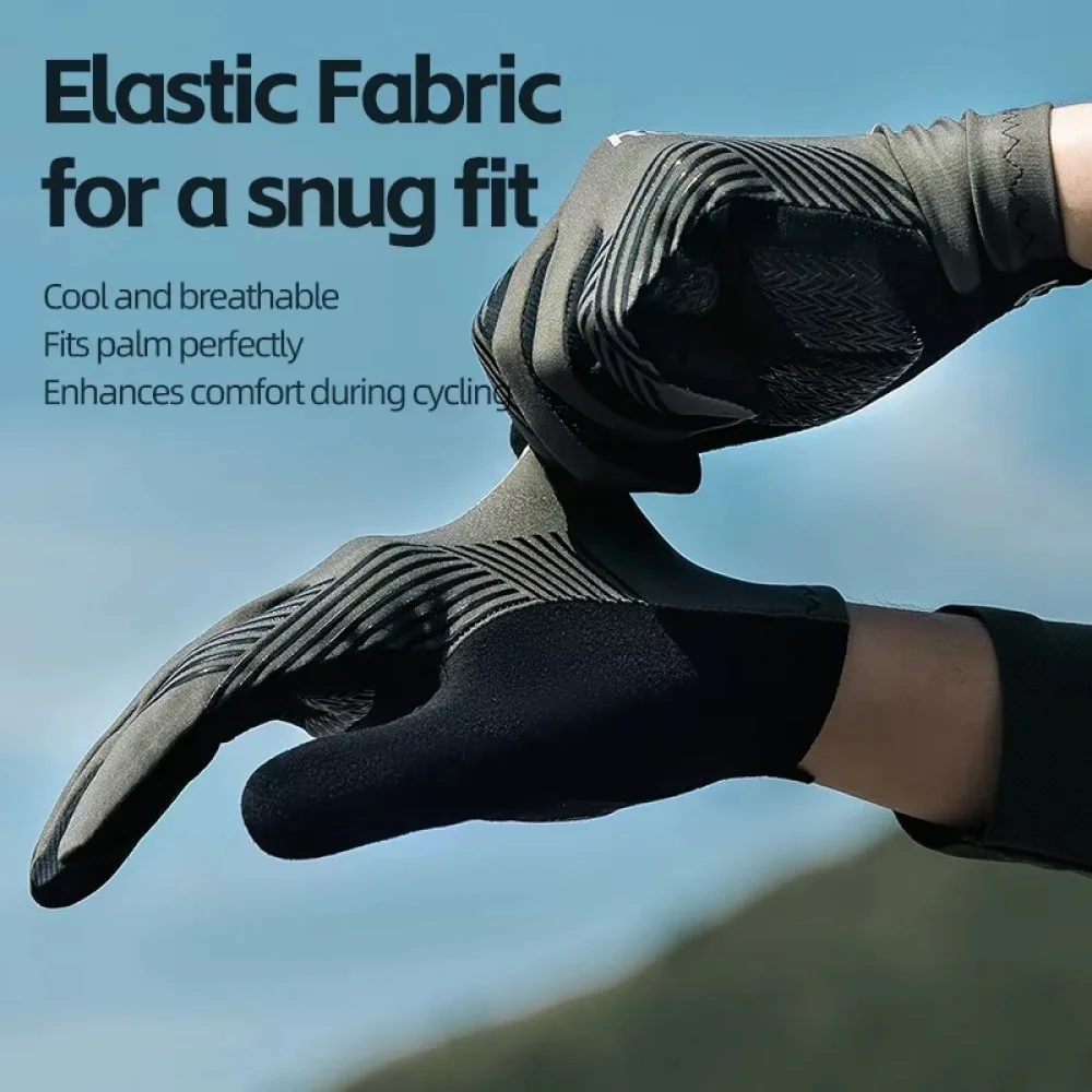 ROCKBROS full finger cycling gloves designed for road cycling, mountain biking, commuting, and outdoor sports. Featuring touchscreen-compatible fingertips, anti-slip palm grip, breathable lightweight fabric, and ergonomic padding for enhanced comfort and 
