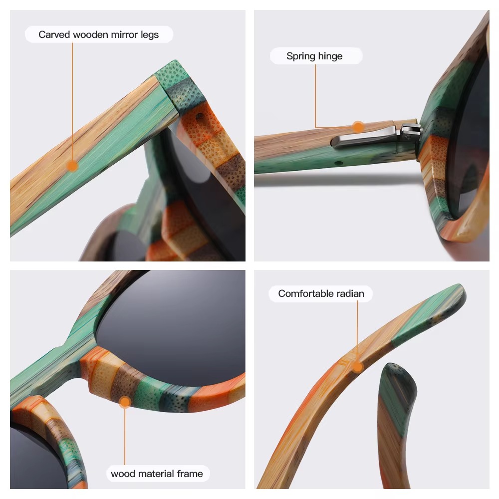 GM natural bamboo polarised wooden sunglasses with handcrafted multicolour wood frame and UV protection lenses