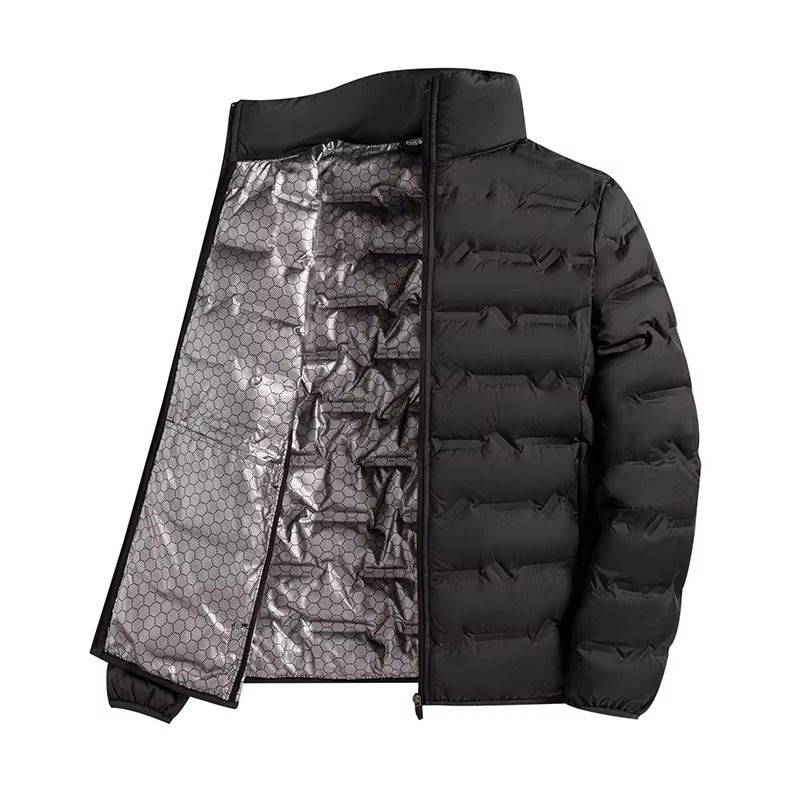 Men's graphene self-heating down jacket with insulated quilted design, reflective thermal lining and windproof construction for warmth, outdoor activities, travel and cold-weather winter wear.