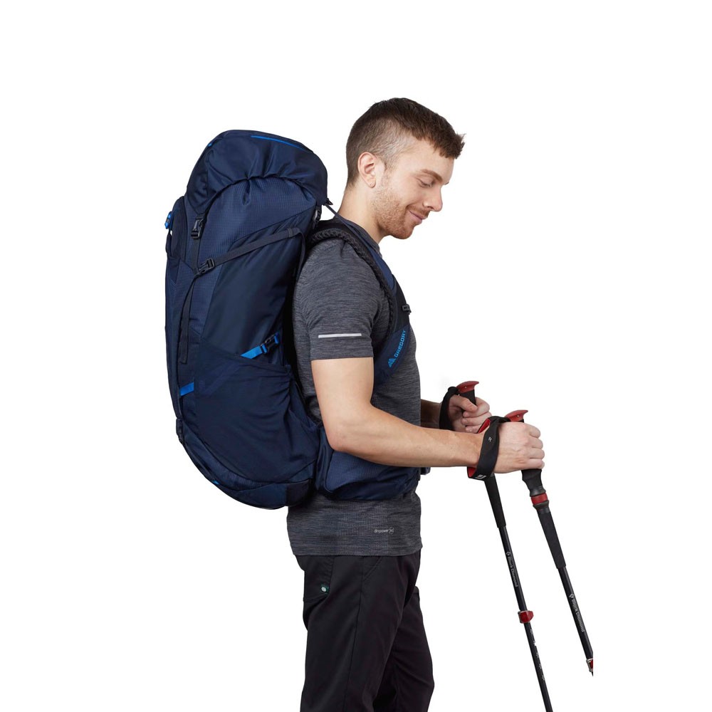gregory zulu 65l mens backpacking pack ergonomic fit trekking backpack worn by hiker long distance hiking pack