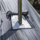 Stove Jack Close-up on Pomoly HUSSAR 20 Tent Close-up of Pomoly HUSSAR 20 tent's stove jack with heat-resistant fabric and a chimney pipe installed.