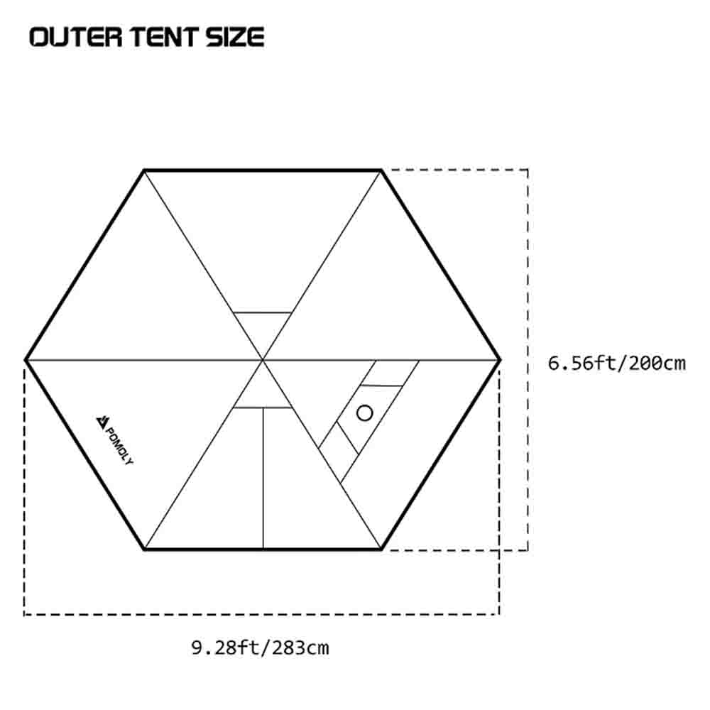 Pomoly HUSSAR 20 Outer Tent Dimensions Technical illustration showing the outer tent size of the Pomoly HUSSAR 20 in both feet and centimeters.