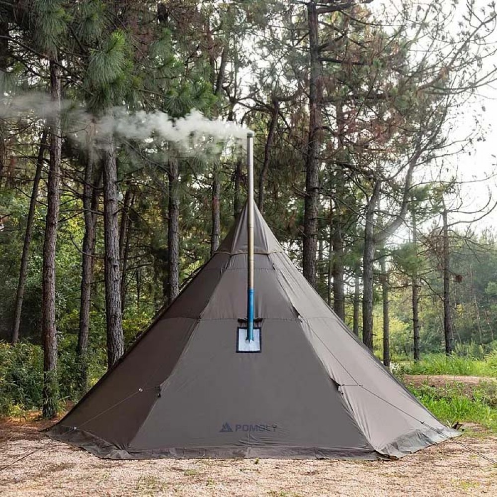 Pomoly HUSSAR Plus 2.0 Tipi Tent – Deep Taupe Hot tent with chimney stove pipe emitting smoke in pine forest