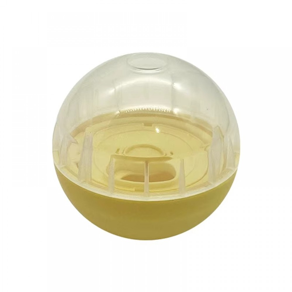 Interactive Slow Feeder Treat Ball for Dogs and Cats Yellow Interactive slow feeder treat dispensing ball toy in yellow and transparent finish designed for dogs and cats to promote puzzle play, treat rewards and slower eating habits