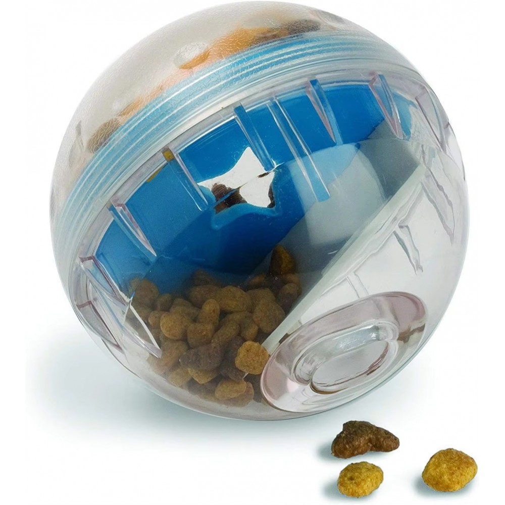 IQ Treat Ball Dog Treat Dispenser Interactive Slow Feeder Toy Blue Interactive IQ treat ball dog toy in transparent and blue design with slow feeder function for dispensing pet treats and encouraging mental stimulation and active play