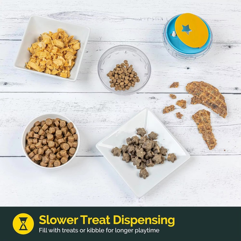 Interactive Slow Feeder Treat Ball for Dogs and Cats Yellow Interactive slow feeder treat dispensing ball toy in yellow and transparent finish designed for dogs and cats to promote puzzle play, treat rewards and slower eating habits