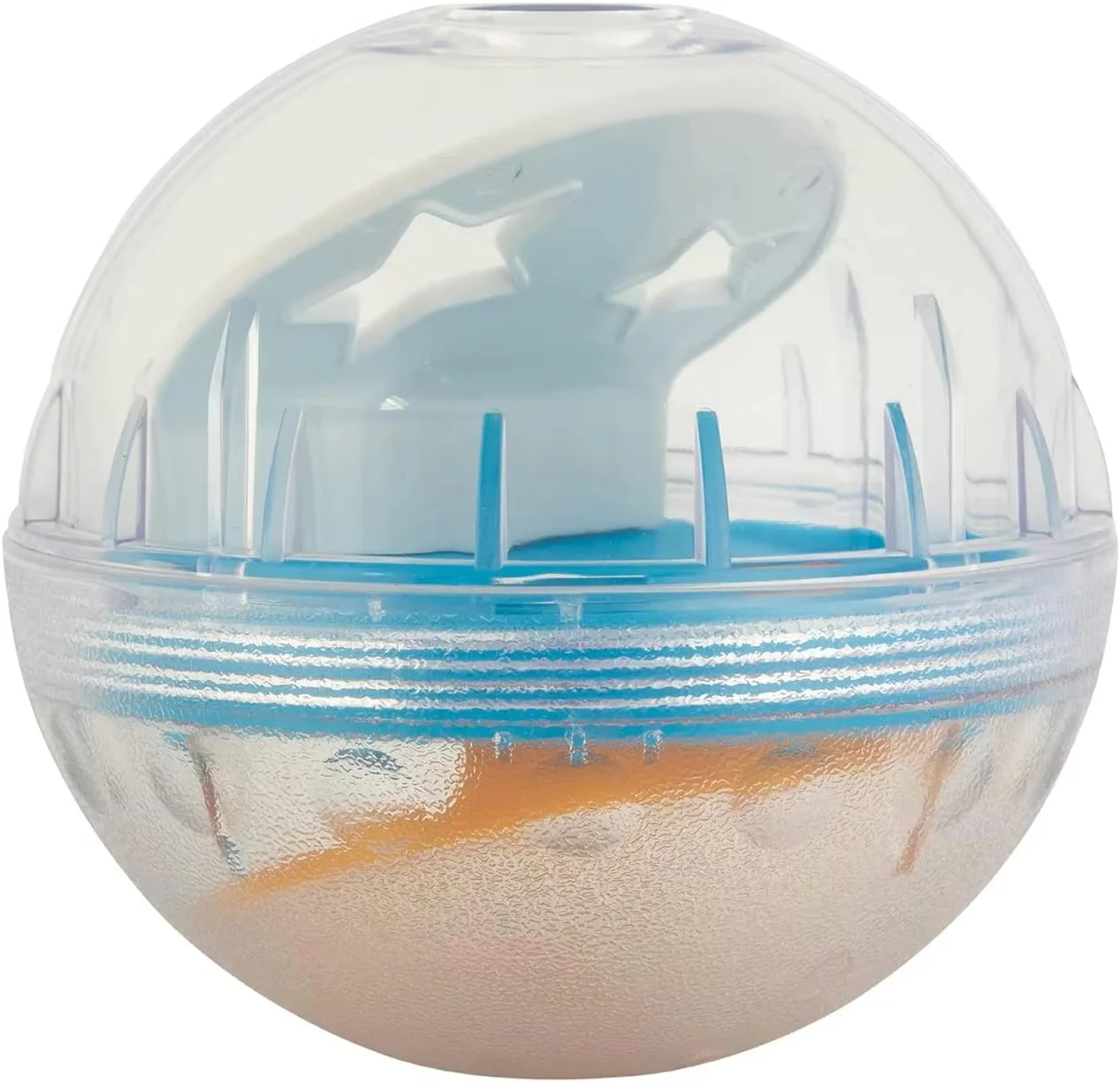 Interactive Slow Feeder Treat Ball for Dogs and Cats Yellow Interactive slow feeder treat dispensing ball toy in yellow and transparent finish designed for dogs and cats to promote puzzle play, treat rewards and slower eating habits