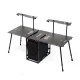 Foldable camping table fully extended with modular side tables and central black storage compartment.