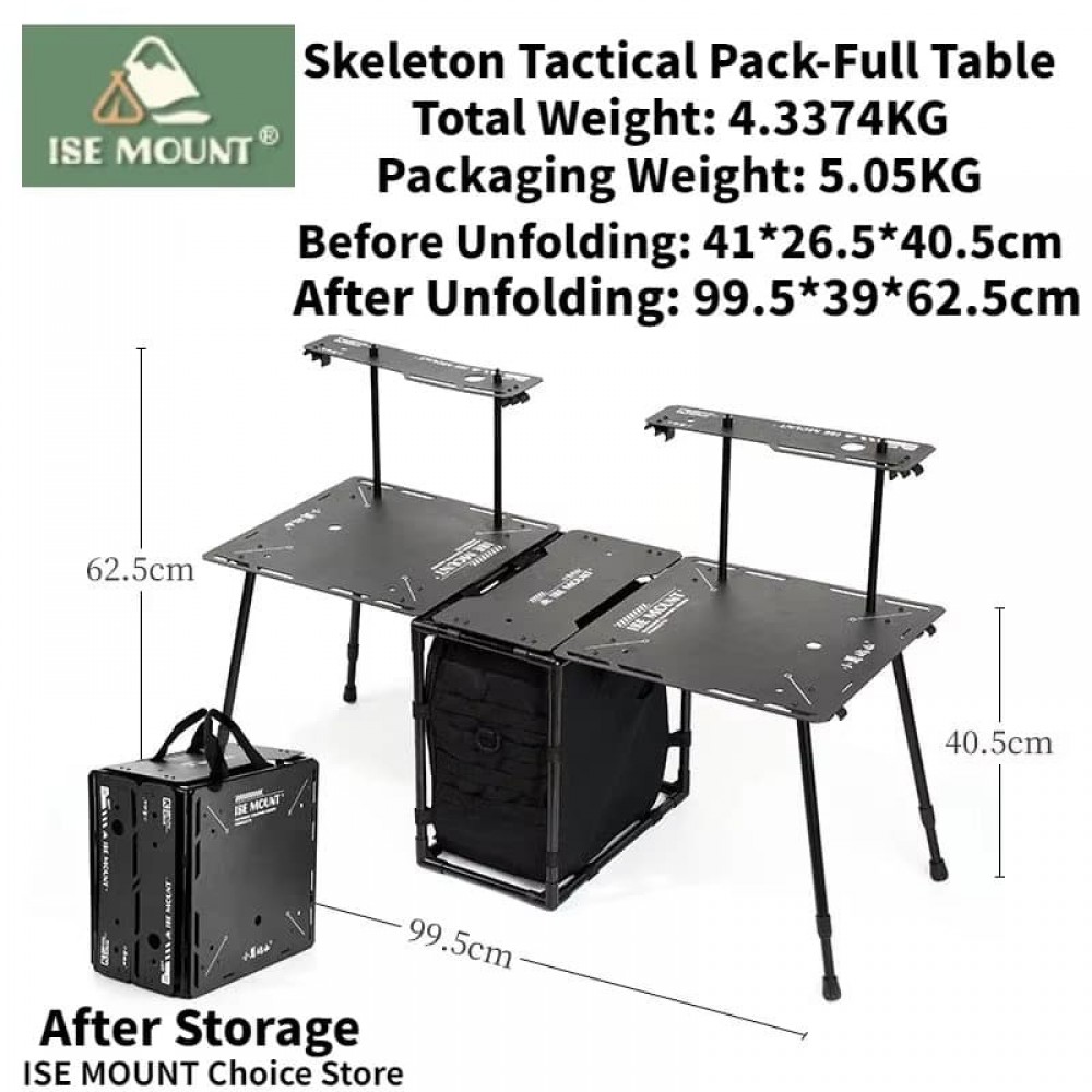 Size and weight details for the ISE Mount camping table, with labeled measurements.