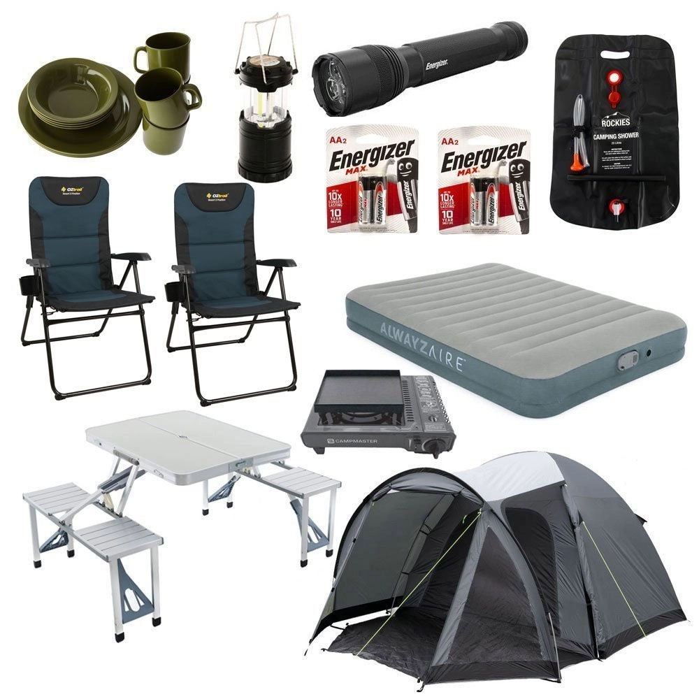 Kampa Brighton 5 person camping package with tent, camping chairs, air mattress, table, cookware and outdoor accessories