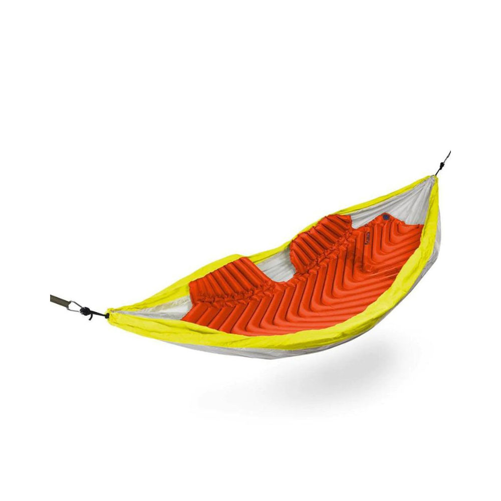 Orange insulated hammock sleeping pad installed inside camping hammock for outdoor backpacking and cold weather camping