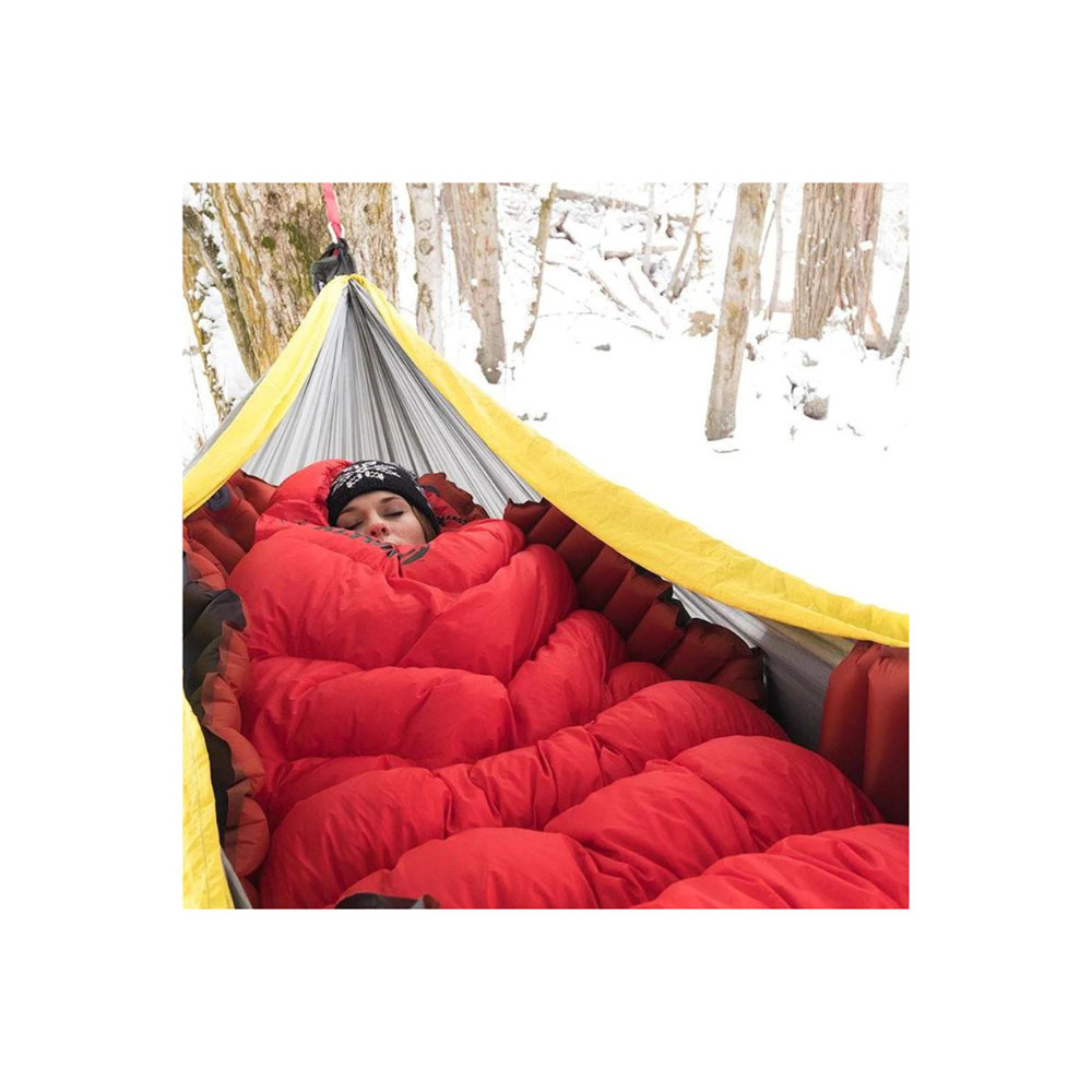 Top view of insulated orange hammock sleeping mat with V chamber air cell design for improved comfort and thermal insulation
