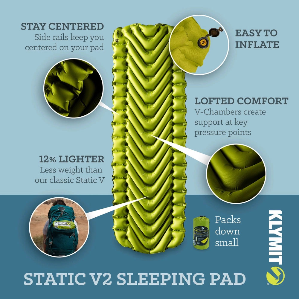 Klymit Static V2 Inflatable Camping Sleeping Pad Green Klymit Static V2 inflatable sleeping pad with ergonomic V chamber design for camping backpacking and hiking