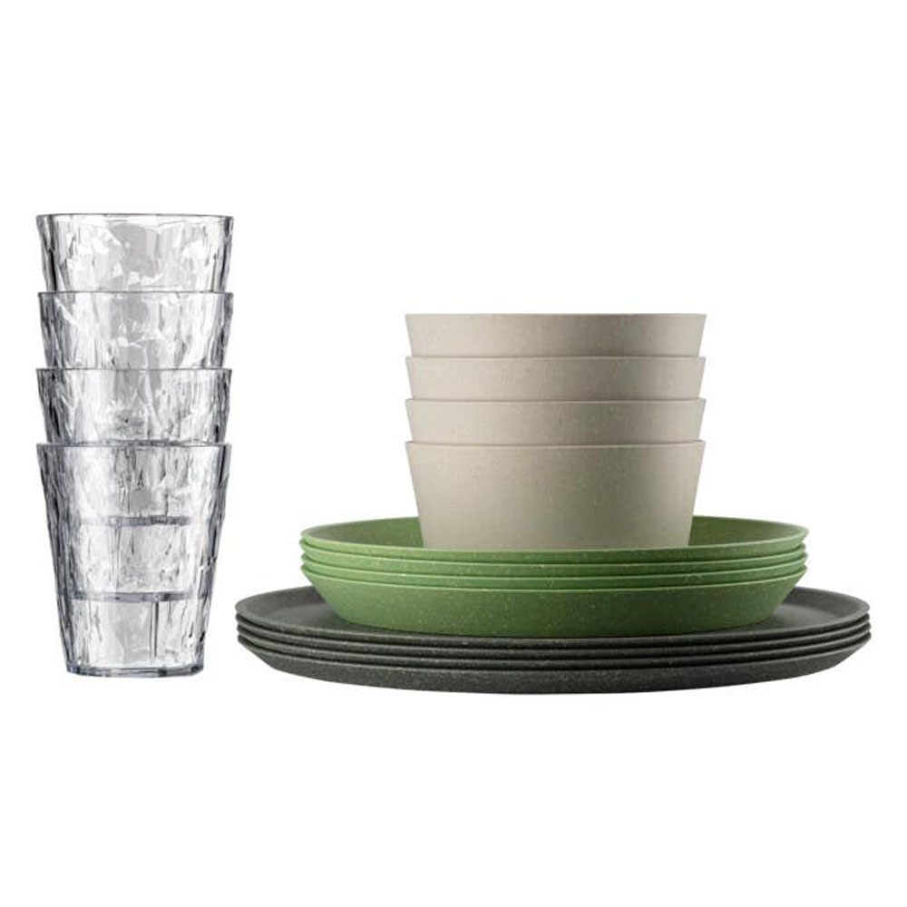 Koziol Bergen 16 piece natural dinner set with eco friendly plates bowls and tumblers for camping picnics caravans and outdoor dining