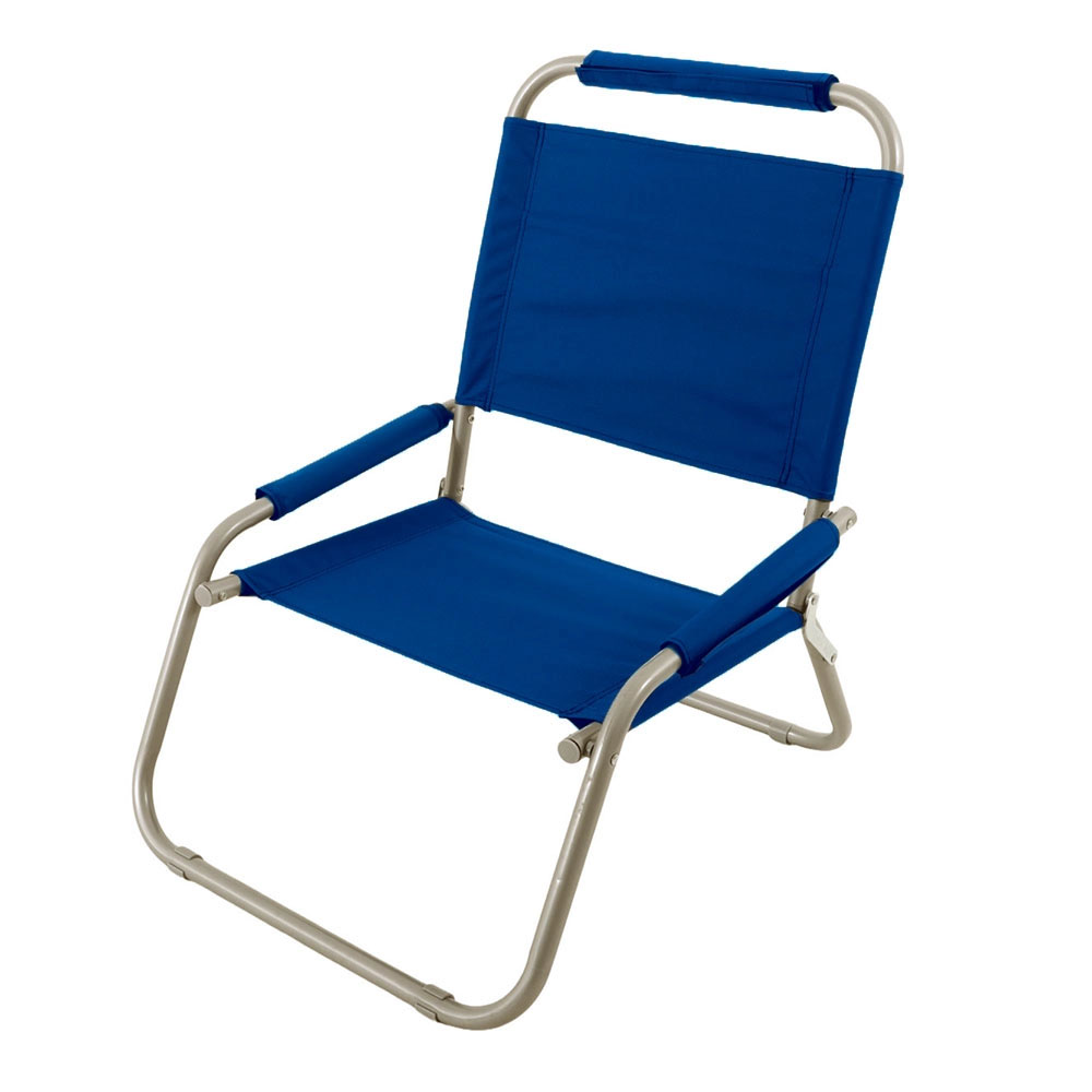 LIFE! Alto high beach chair with blue fabric seat and lightweight foldable frame designed for beach trips, camping, outdoor events and relaxed seating