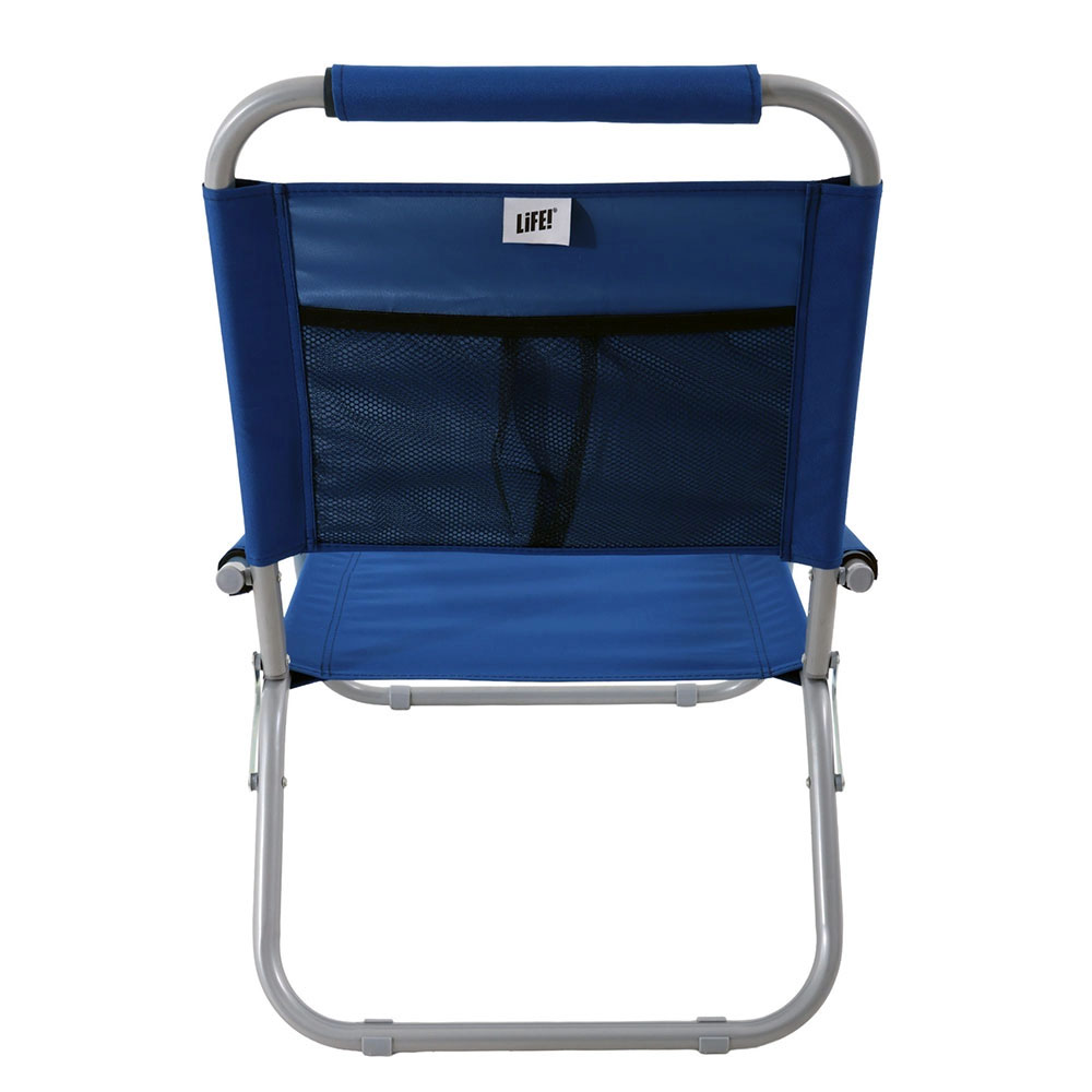 LIFE! Alto high beach chair with blue fabric seat and lightweight foldable frame designed for beach trips, camping, outdoor events and relaxed seating