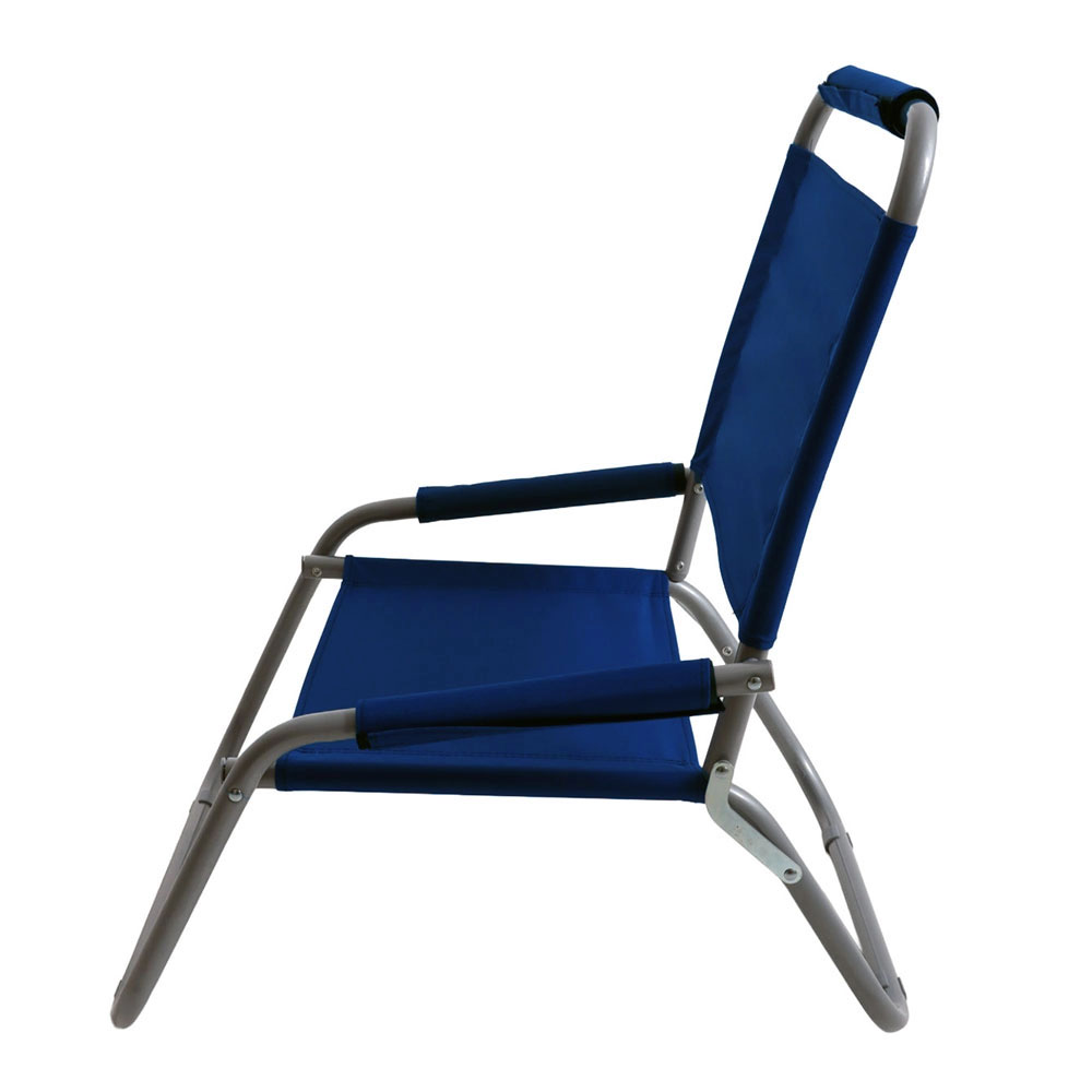 LIFE! Alto high beach chair with blue fabric seat and lightweight foldable frame designed for beach trips, camping, outdoor events and relaxed seating