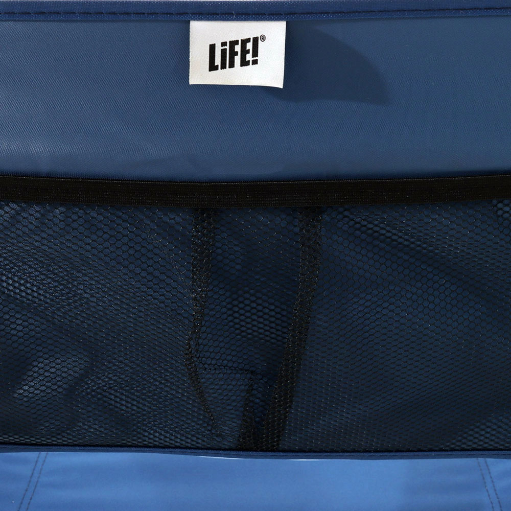 LIFE! Alto high beach chair with blue fabric seat and lightweight foldable frame designed for beach trips, camping, outdoor events and relaxed seating