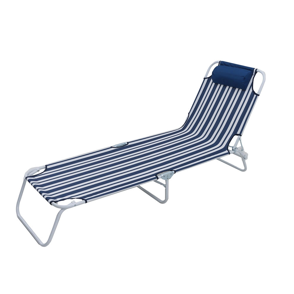 LIFE! Kalua foldable sun lounger chair with navy striped fabric and lightweight portable frame designed for beach, camping, poolside and outdoor relaxation