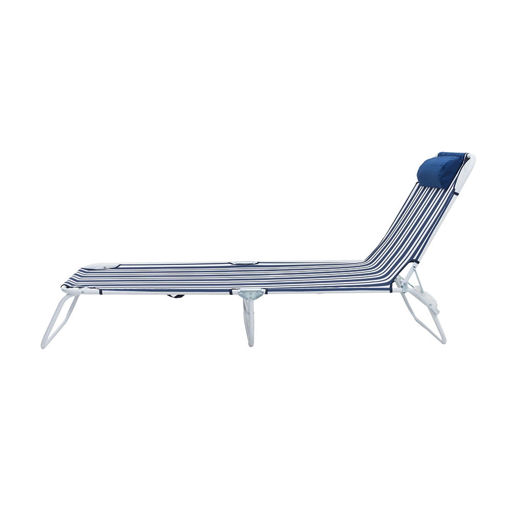 LIFE! Kalua foldable sun lounger chair with navy striped fabric and lightweight portable frame designed for beach, camping, poolside and outdoor relaxation