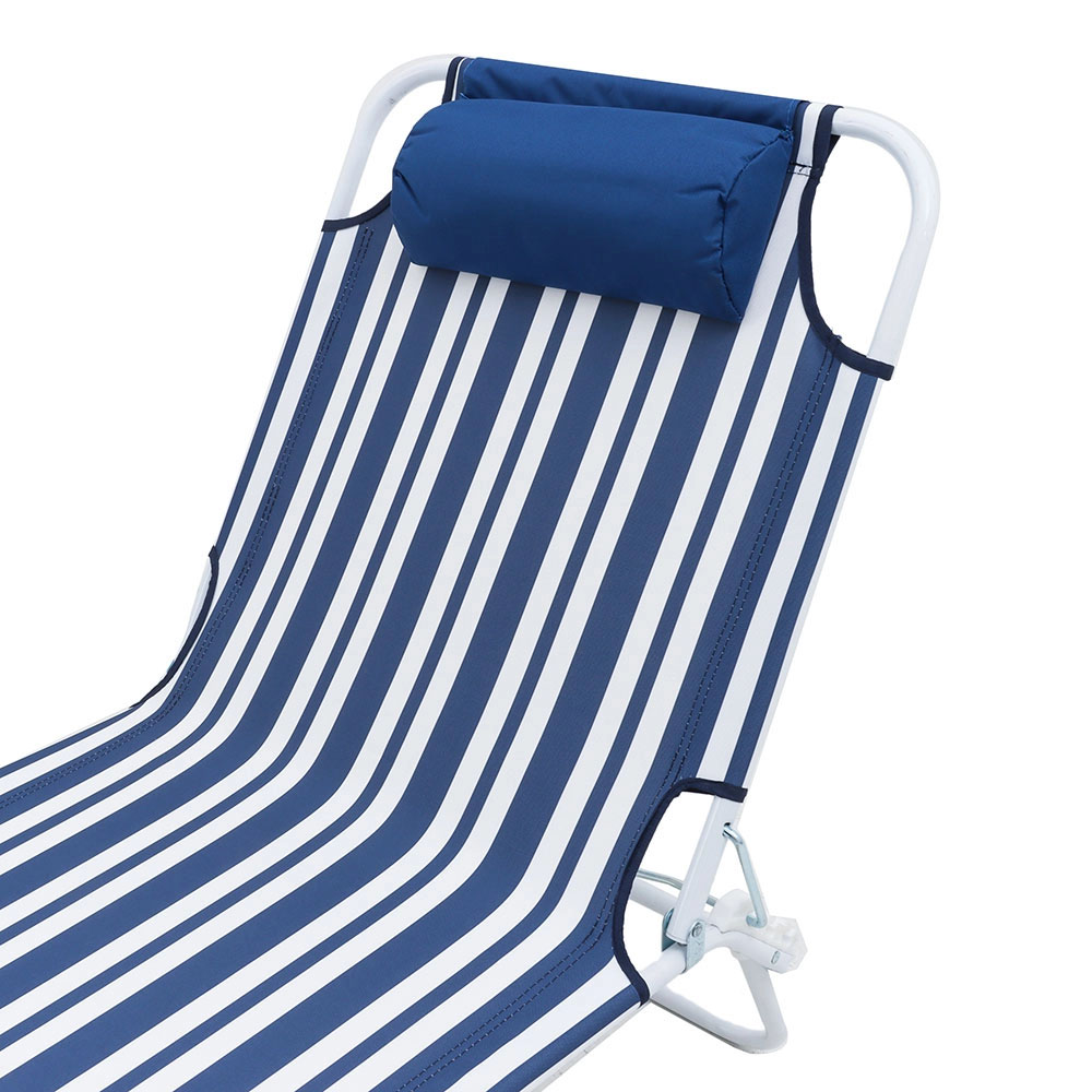 LIFE! Kalua foldable sun lounger chair with navy striped fabric and lightweight portable frame designed for beach, camping, poolside and outdoor relaxation