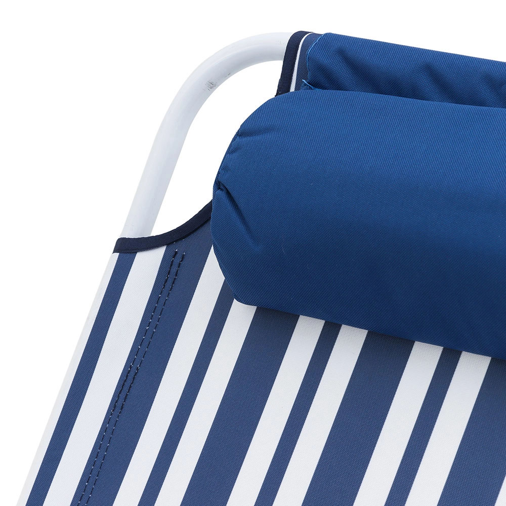 LIFE! Kalua foldable sun lounger chair with navy striped fabric and lightweight portable frame designed for beach, camping, poolside and outdoor relaxation