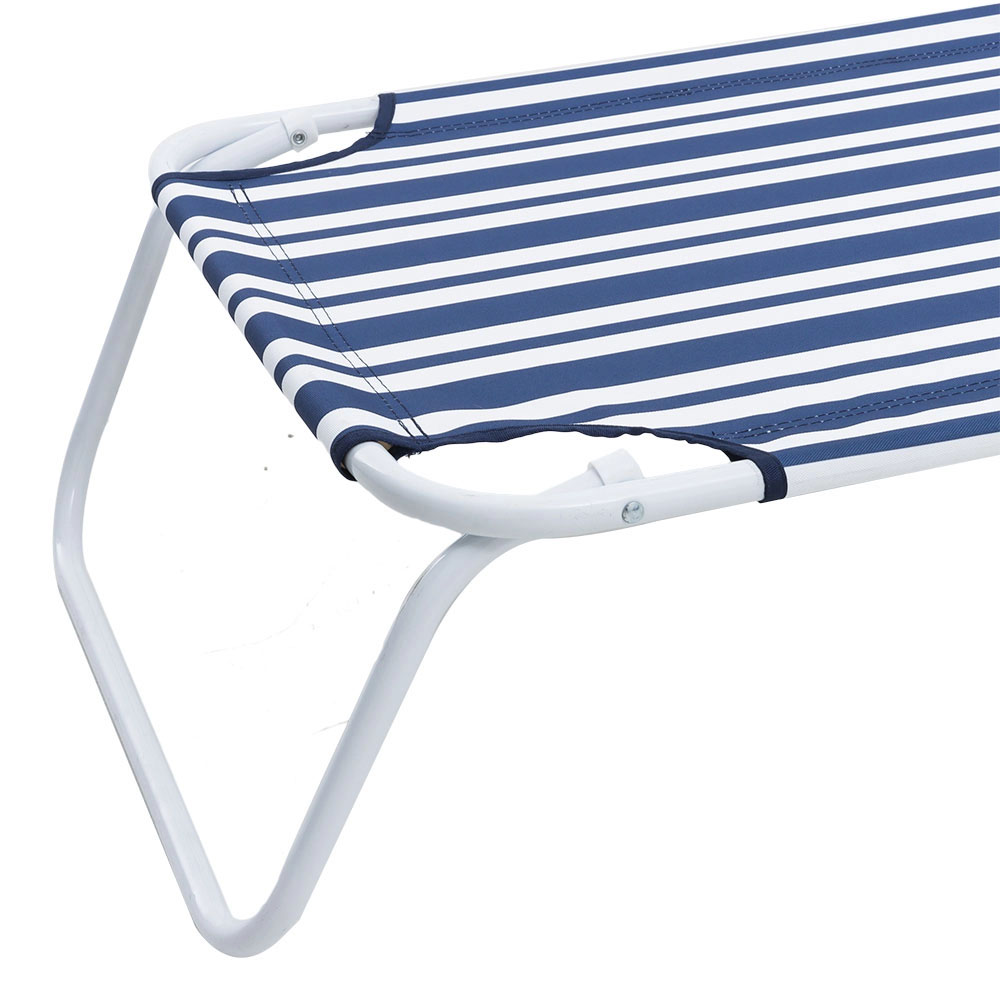 LIFE! Kalua foldable sun lounger chair with navy striped fabric and lightweight portable frame designed for beach, camping, poolside and outdoor relaxation