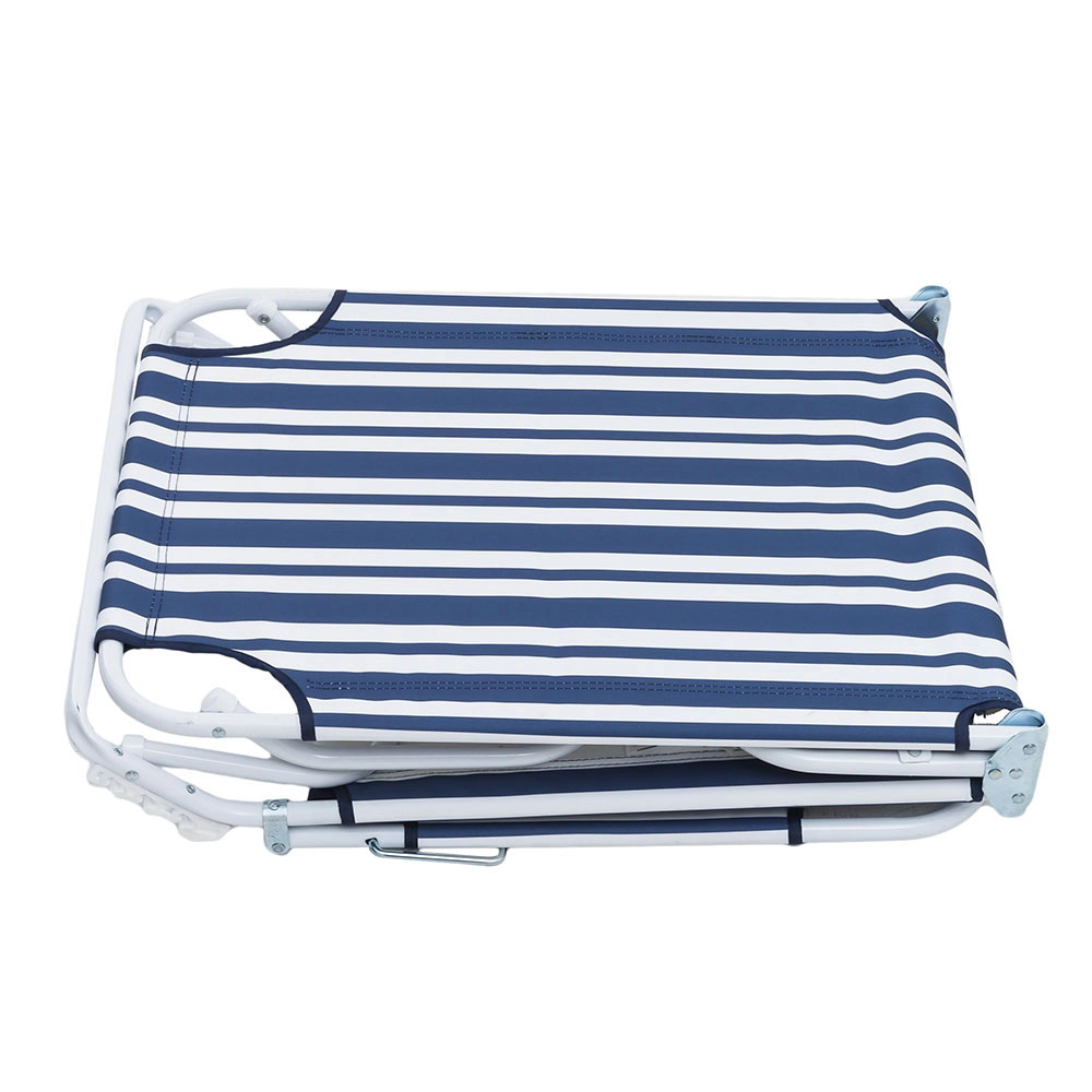 LIFE! Kalua foldable sun lounger chair with navy striped fabric and lightweight portable frame designed for beach, camping, poolside and outdoor relaxation