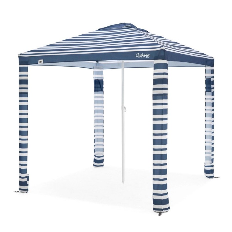 LIFE! Maui Deluxe 2-in-1 beach shelter with navy striped canopy and side panels designed for beach shade, outdoor events, camping and sun protection