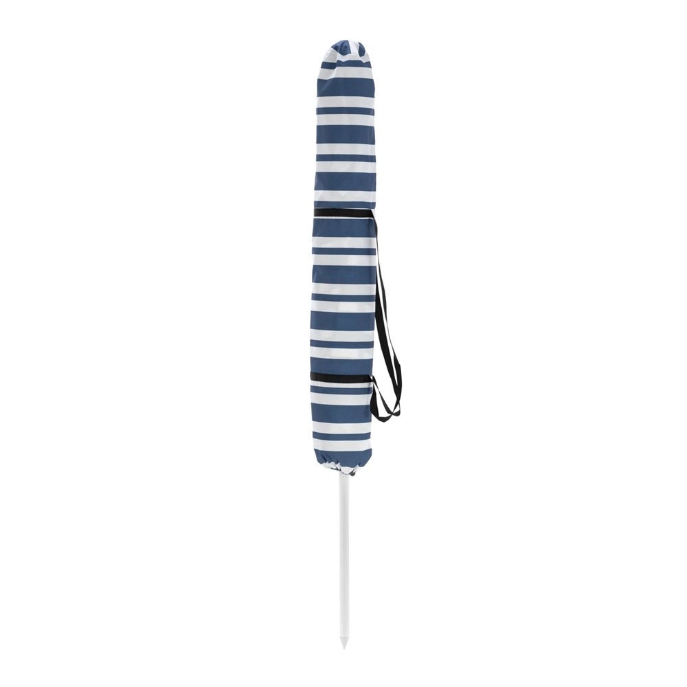 LIFE! Maui Deluxe 2-in-1 beach shelter with navy striped canopy and side panels designed for beach shade, outdoor events, camping and sun protection