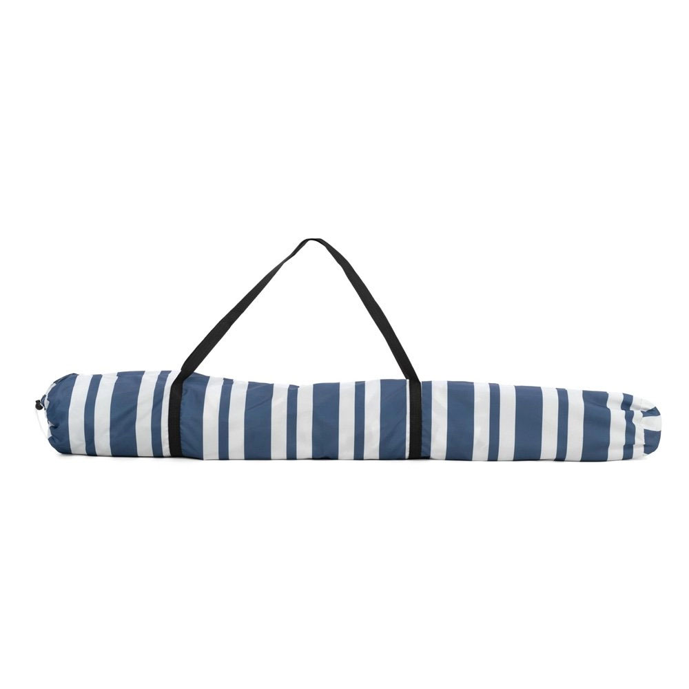 LIFE! Maui Deluxe 2-in-1 beach shelter with navy striped canopy and side panels designed for beach shade, outdoor events, camping and sun protection