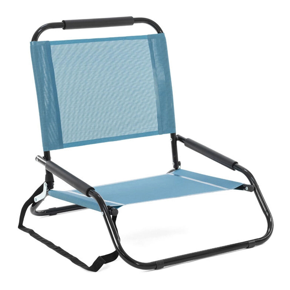 LIFE! Textilene low beach chair with breathable light blue mesh fabric and foldable steel frame designed for beach, camping and outdoor relaxation