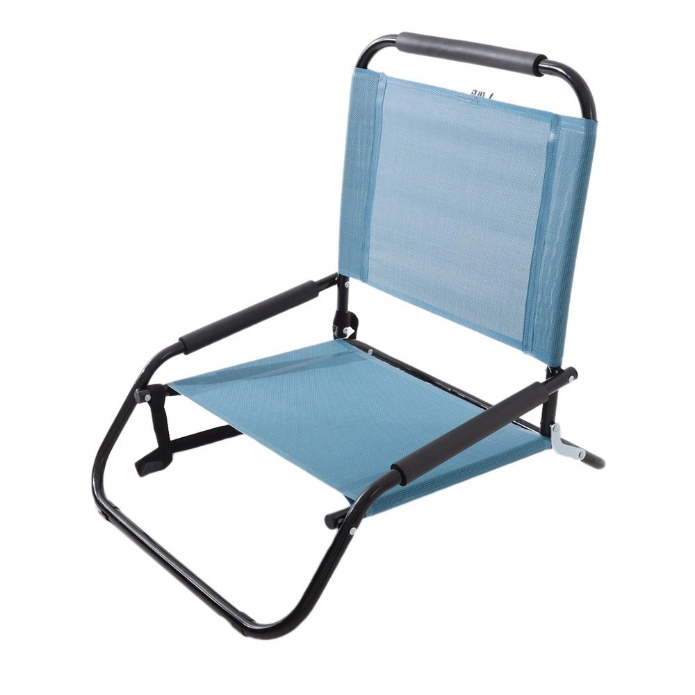 LIFE! Textilene low beach chair with breathable light blue mesh fabric and foldable steel frame designed for beach, camping and outdoor relaxation