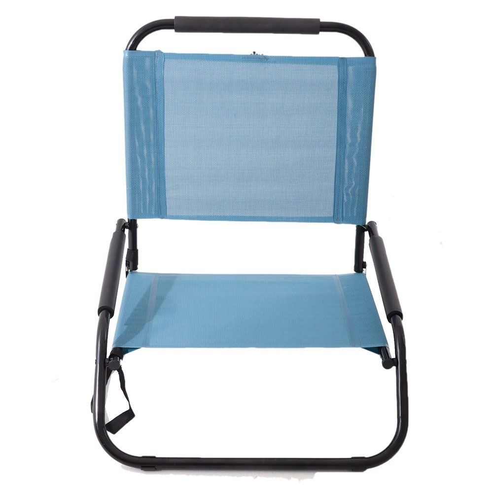 LIFE! Textilene low beach chair with breathable light blue mesh fabric and foldable steel frame designed for beach, camping and outdoor relaxation