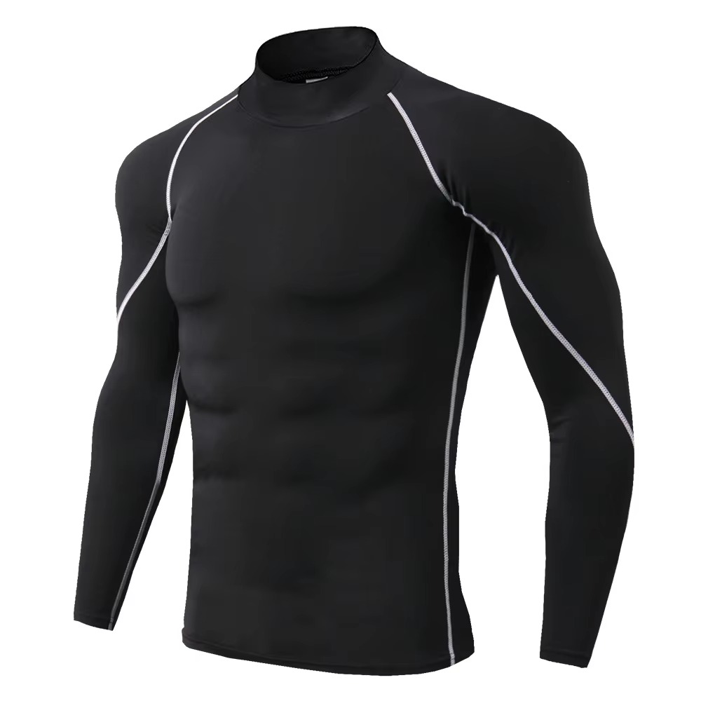 Men's long sleeve compression sports t-shirt in black with contrast stitching, designed for training, running, gym workouts, fitness, cycling, and outdoor sports. Features a slim-fit athletic design with moisture-wicking, stretch fabric for enhanced perfo