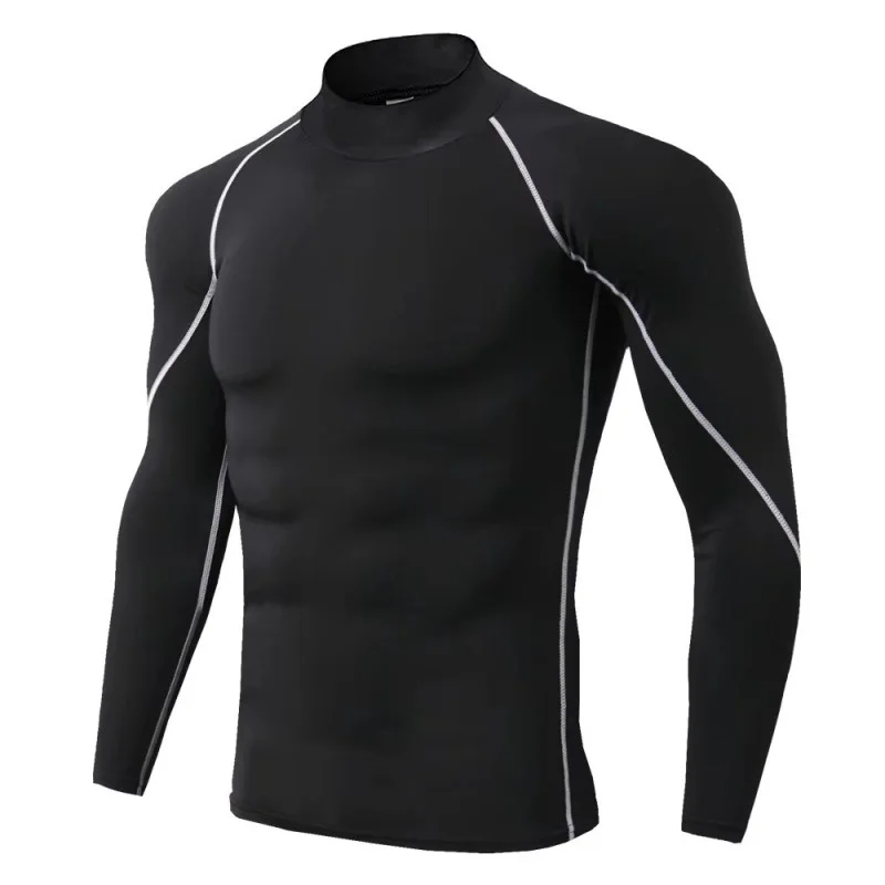 Men's long sleeve compression sports t-shirt in black with contrast stitching, designed for training, running, gym workouts, fitness, cycling, and outdoor sports. Features a slim-fit athletic design with moisture-wicking, stretch fabric for enhanced perfo