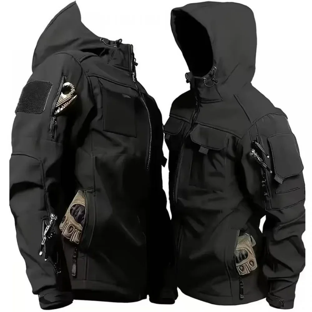 Men's Winter Tactical Softshell Jacket Men's black tactical softshell jacket with a hood, multiple utility pockets, and weather-resistant construction, designed for outdoor, hiking, and winter activities.